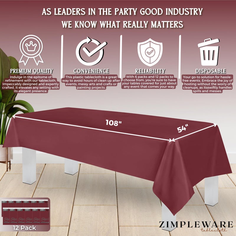 ZIMPLEWARE Premium Burgundy Plastic Table Cloth Disposable (12 Pk) Plastic Tablecloths for Rectangle Tables (54in x 108in) Party Table Cloths Disposable for 6ft to 8ft Rectangle Tables - Image 3